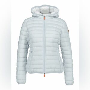 Save The Duck women’s Daisy Hooded Puffer Jacket Light Blue in XS sustainable